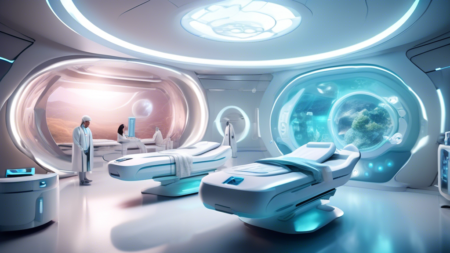 Create an image of a futuristic healing center with advanced medical technology, featuring a sleek and modern 'medbed' surrounded by serene, calming environments. Include diverse patients from around